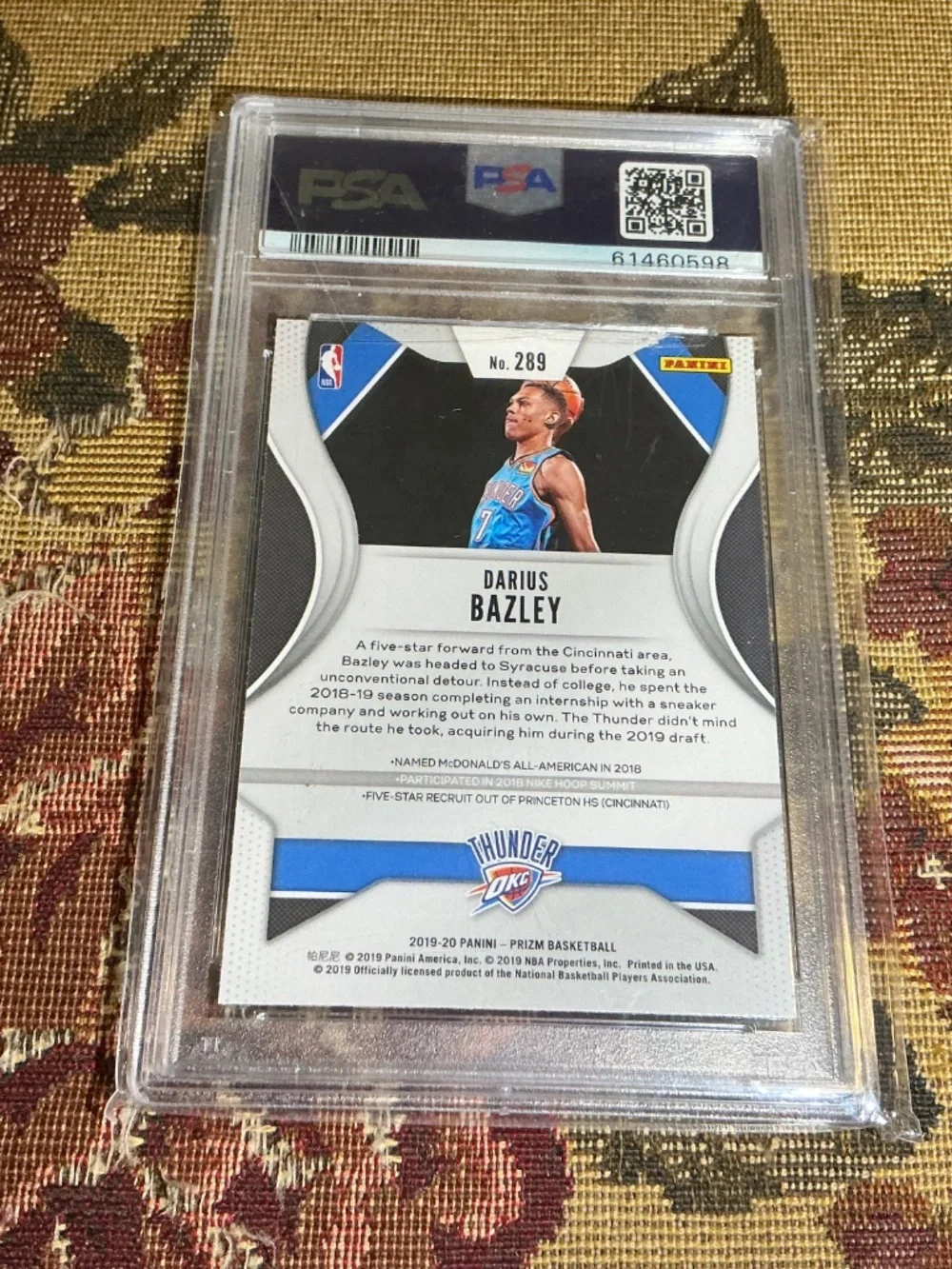 #289 Darius Bazley 2019 Panini Prizm rookie card Graded PSA 10